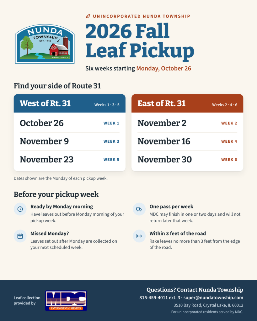 2026 Nunda Township Fall Leaf Pickup schedule by MDC. West of Route 31: Oct. 26, Nov. 9, Nov. 23. East of Route 31: Nov. 2, Nov. 16, Nov. 30. Full details below.